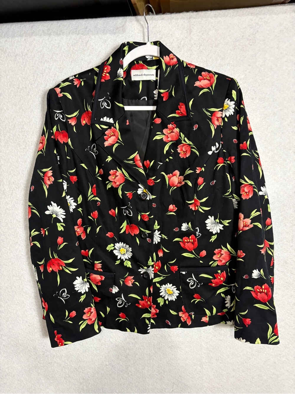Alfred Dunner Black Floral Blazer with Red & White Blooms